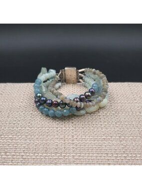 6.5 Inch Sterling Silver Aquamarine Labradorite Pearl Bracelet B1200